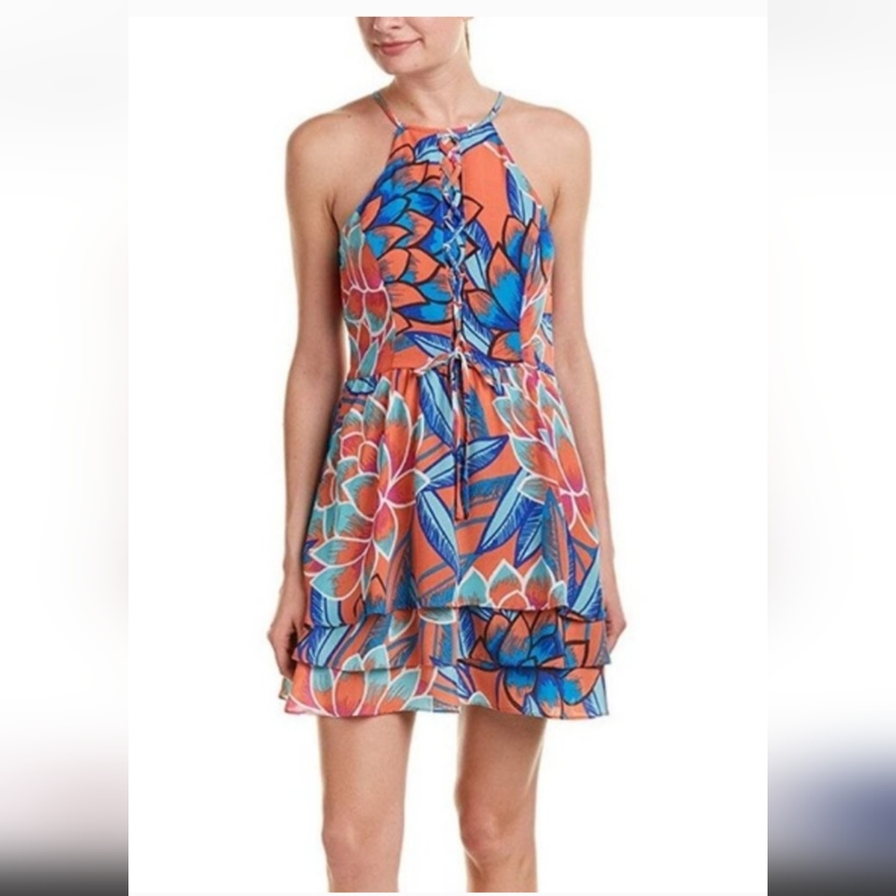 Parker Dax Lace Up Halter Style Ruffle Dress